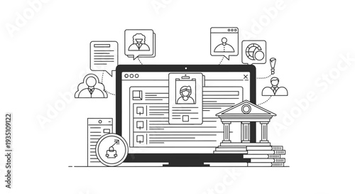 Laptop displays digital banking profiles and user data connected to a stylized classical building icon representing financial institution management.