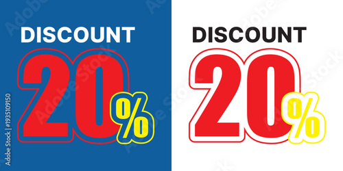 Red 20 percent discount text with yellow percent symbol on blue and white backgrounds