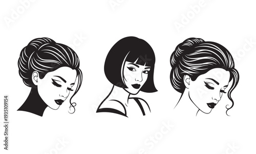 Three black and white vector portraits of beautiful women with elegant hairstyles and makeup isolated on white