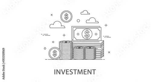 Stack of paper currency bills and numerous gold coins with dollar signs float near stylized clouds, symbolizing financial growth and capital accumulation in an abstract design.