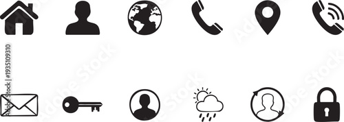 Black and white collection of various on white background silhouette symbols signs communication