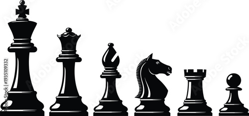 Chess pieces silhouettes including king, queen, bishop, knight, rook, pawn, strategy illustration artwork - flavector