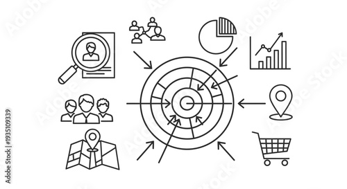 Target marketing concept illustrated with a central bullseye surrounded by various related icons such as magnifying glass, user groups, location pins, and sales charts.