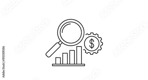 Magnifying glass hovers over an ascending bar graph with a gear containing a dollar sign, symbolizing financial analysis and economic growth review.