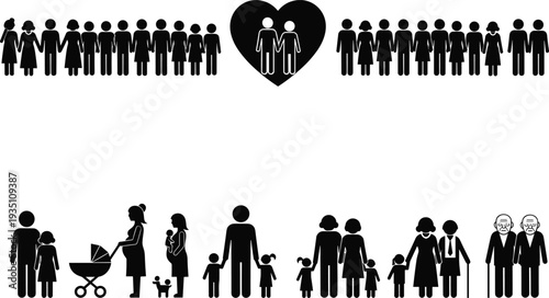 Family people icon set, parents children silhouettes, community group symbols, parenting lifestyle icons, human relationship concept vector illustration