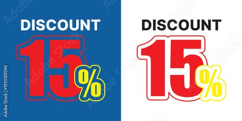 Red and yellow 15 percent discount text on blue and white backgrounds sale offer