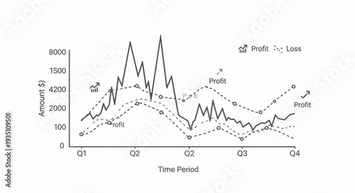 Line graph illustrates quarterly financial performance metrics showing fluctuating profit and loss amounts across four distinct time periods labeled Q1 through Q4.