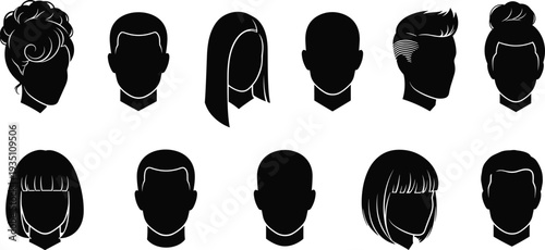 Male and female head avatar silhouettes, hairstyle profile icons, diverse people faces, minimal black vector illustration