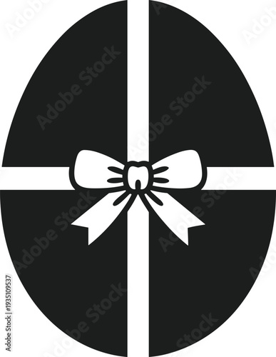 Black and white egg shape with white ribbon and bow silhouette vector