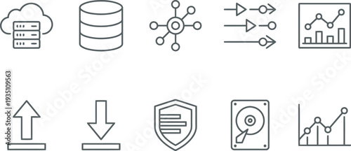 Set of ten thin line icons representing cloud computing, data storage, and network security concepts.