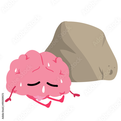 Cartoon illustration of a tired sweating brain sitting on the floor next to a heavy stone representing mental burden, pressure and emotional exhaustion