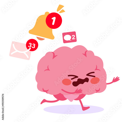 Cartoon illustration of a scared brain mascot running away from multiple notifications representing emotional stress caused by social media overload. Concept for digital detox campaigns and mental hea