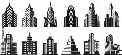 Modern city skyscraper building icons set, urban architecture silhouettes, real estate skyline symbols, minimalist black vector illustration