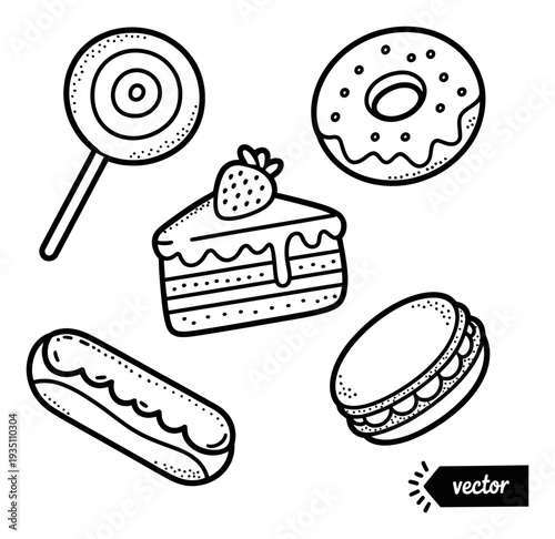 Sweet Treats Black White Line Art Vector Illustration