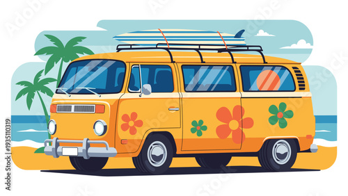 Vintage Camper Van Beach Vacation Travel Illustration | Retro Surf Road Trip