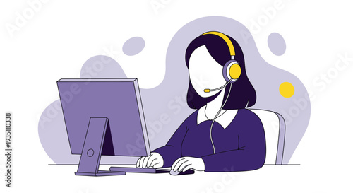 Customer Support Agent Working on Computer with Headset Vector