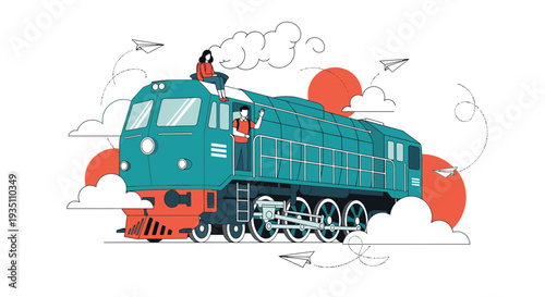 Train Journey with People Traveling and Paper Planes