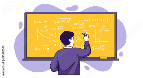 Student solving math equations and complex graphs on yellow whiteboard education concept