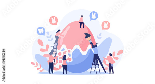 Dental care team cleaning a giant tooth illustrating oral hygiene maintenance