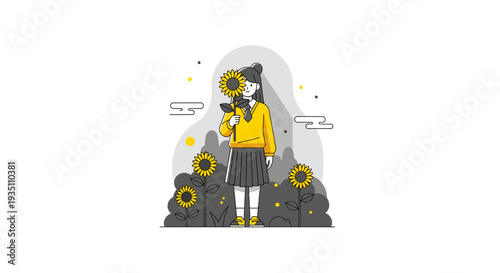 Young girl holding sunflower minimalistic vector nature illustration