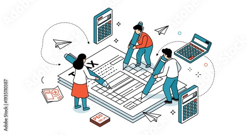 Financial Reporting Team Completing Tax Forms with Calculators