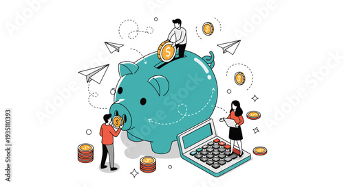 Money saving financial growth people investing funds piggy bank calculation