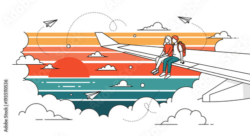 Couple on airplane wing travel adventure sunset view