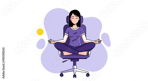 Woman Meditating in Office Chair Achieving Zen at Work for Stress Relief