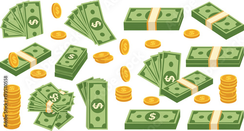 Cash Money Stack and Gold Coins Collection Vector Illustration Set with Dollar Bills and Currency Piles
