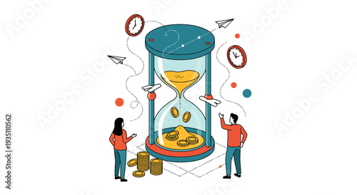 Time management and financial investment concept with hourglass and people