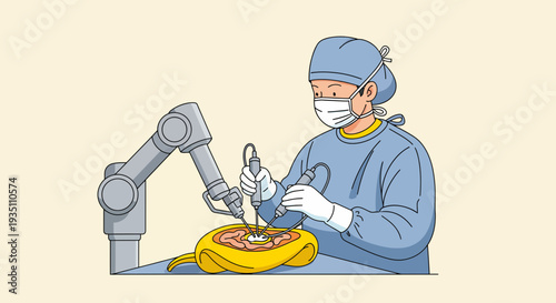 Surgeon performing delicate brain surgery with advanced robotic arm assistance
