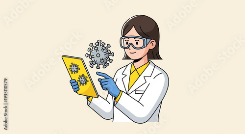 Female Scientist Studying Virus Cells on Digital Tablet Researching Disease