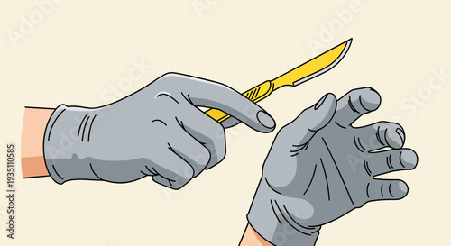 Surgeon's gloved hands holding a scalpel preparing for medical operation