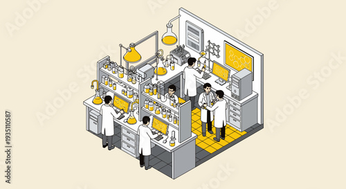 Isometric view of scientists conducting experiments in a detailed modern laboratory illustration showcasing scientific research