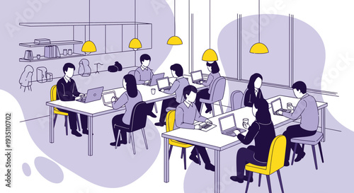 A group of professionals diligently working on their laptops in a contemporary open-plan office setting with collaborative spirit