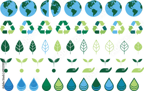 Collection of eco-friendly and sustainability-themed icons depicting global awareness and nature conservation