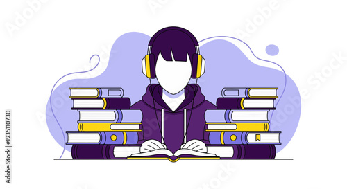 Student with headphones reading surrounded by books learning and studying