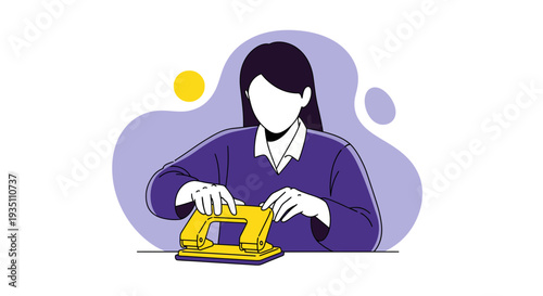 Businesswoman uses hole punch preparing office documents vector graphic