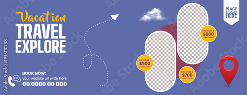 Trendy Tourism Marketing Banner Template for Travel Agency Summer Holiday Vacation Promo, Luxury Travel Packages, Booking Adventure Discount Website Header Cover design