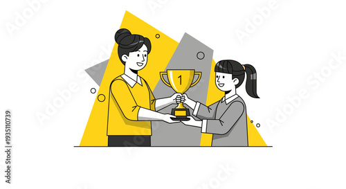 Female mentor awards golden trophy to happy student girl celebrating victory achievement