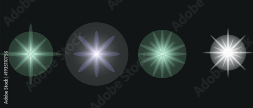 Light set abstract flare effects. Transparent PNG available.  White starlight effect with glow, bokeh and sparkles. Abstract star sources, concert lighting, stage spots. Star, bright sun, beam, vector