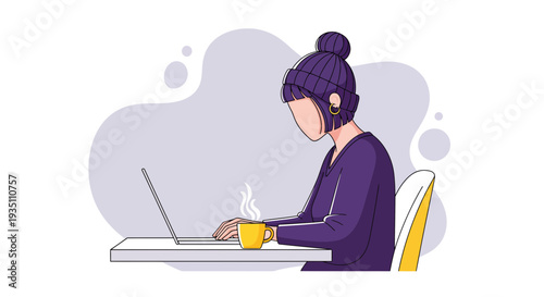 Woman works on laptop desk with coffee remote for productive tasks