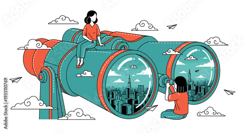 Women explore city future with giant binoculars symbolizing foresight urban discovery and new opportunities ahead