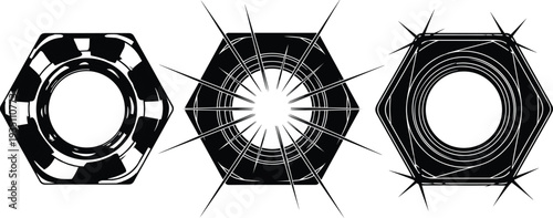 Set of Industrial Steel Hex Nut Icons in Black and White Silhouette for Mechanical Engineering, Hardware Store and Repair Design.