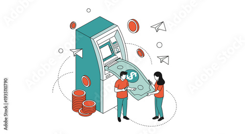 Banking services cash withdrawal ATM money transaction digital finance two people