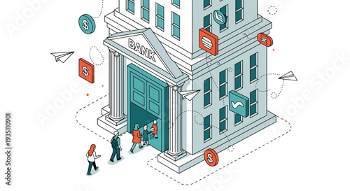 Modern isometric bank building illustration with people entering symbolizing financial transactions digital banking services and business operations in a contemporary economy