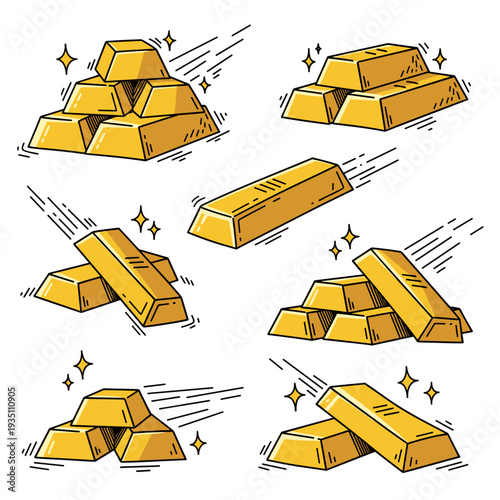 Artistic Doodle Illustration of Many Gold Bars with Action Lines