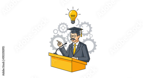Professor Speaker at Podium with Idea Bulb and Gears Background