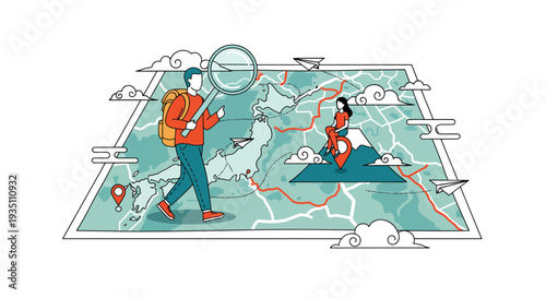 Exploring Japan: a detailed travel plan with map and magnifying glass