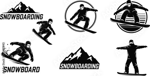 Snowboarding Logo and Character Set Featuring Snowboarders in Action with Mountain Silhouettes for Winter Sports Branding Vector.